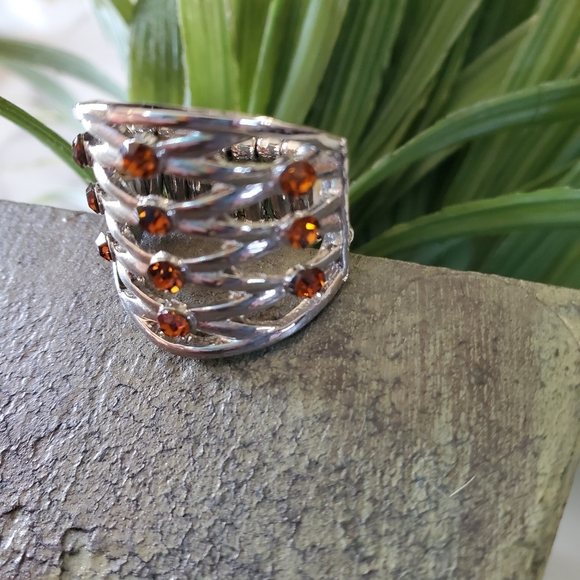 Silver Tone Adjustable Band Ring with Orange Brown Jewels 💥3 for $24💥 - Picture 14 of 15